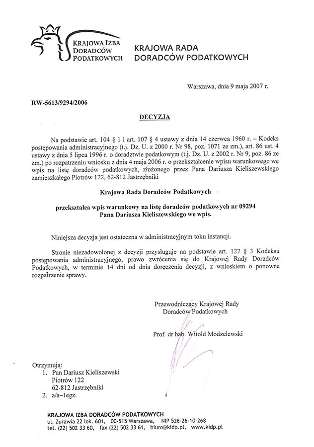 Wpis na listę doradców podatkowych